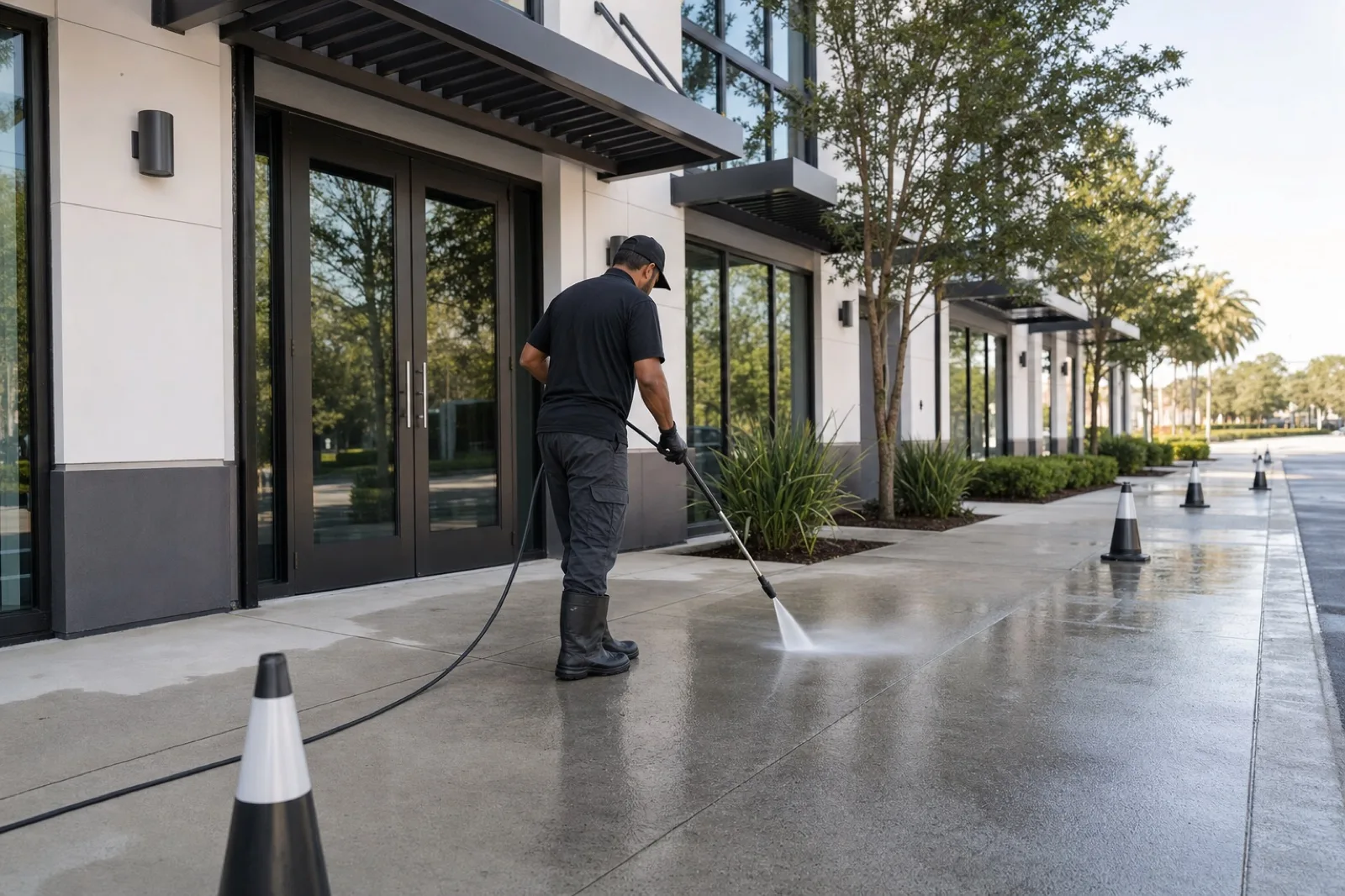 Sidewalk being cleaned outside a commercial storefront