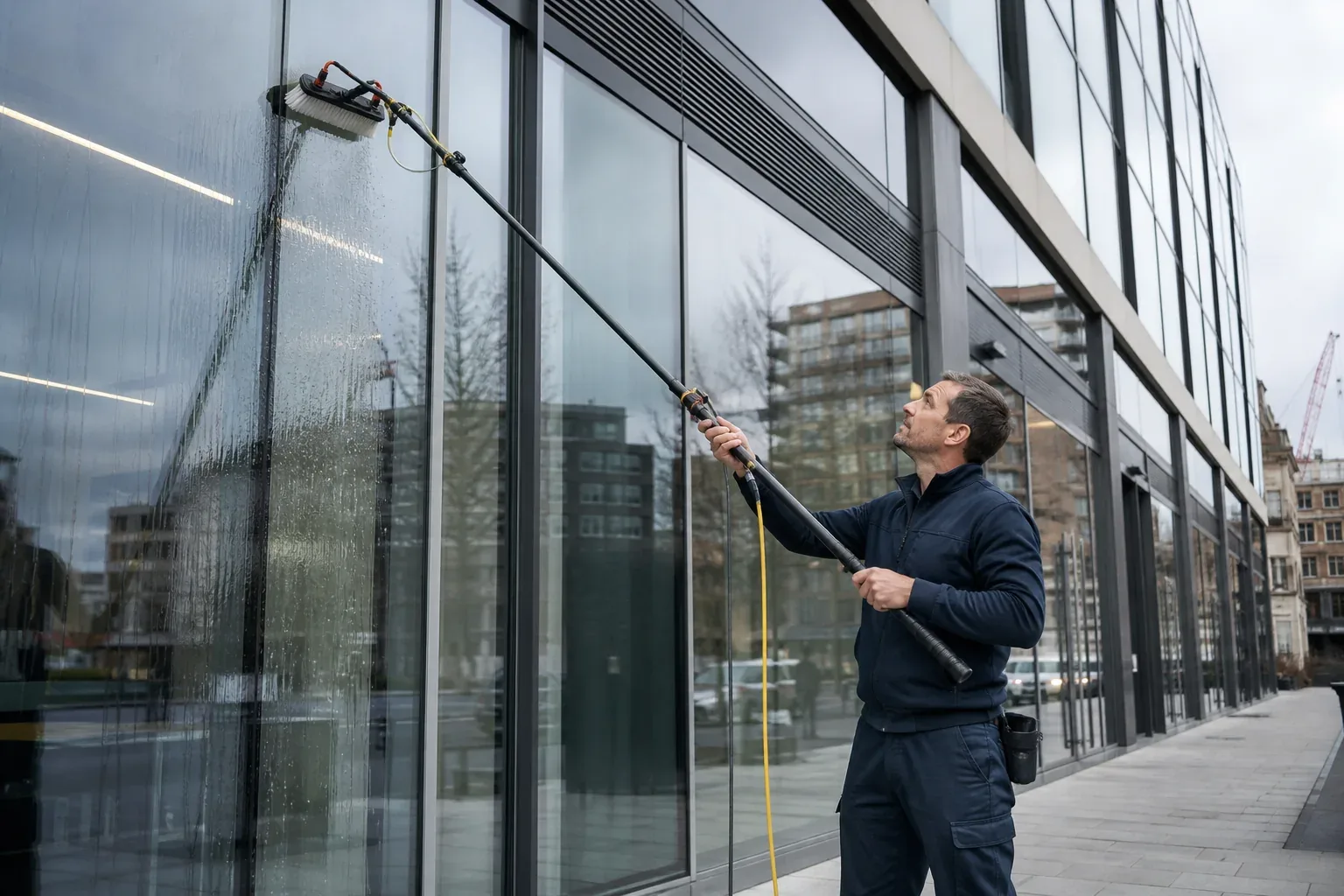 Window cleaner using a water-fed pole on commercial storefront glass at street level