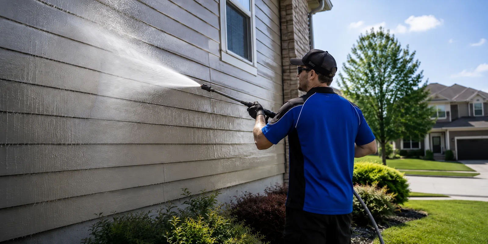 Technician rinsing a home's siding during a low pressure house wash