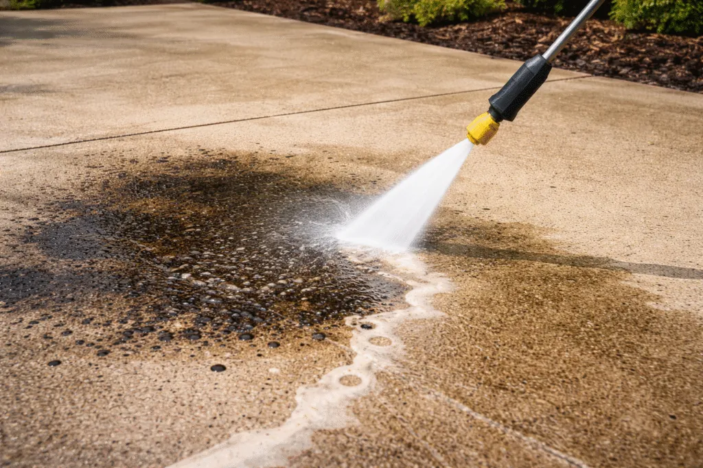 Oil stain on parking lot concrete being lifted with a pressure washing wand