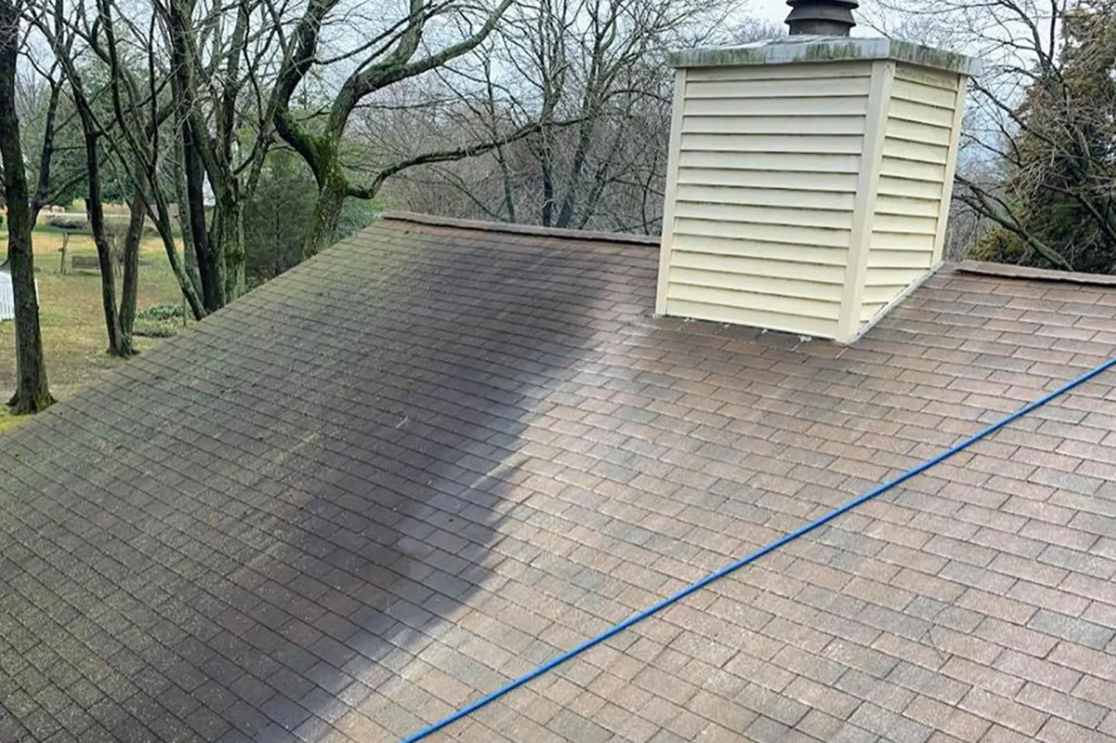 Shingle roof half cleaned, dark streaks removed on one side